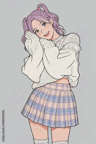 Young Woman in Pastel Plaid Skirt and Knit Sweater