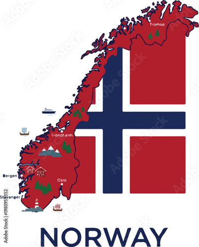 Map of Norway showcasing its picturesque landscapes, cities, and iconic flag
