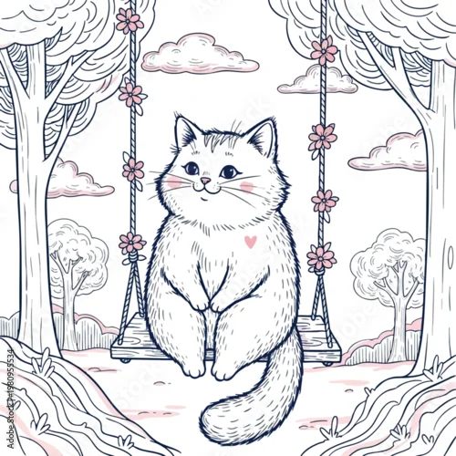 Fototapeta na wymiar Whimsical Illustration of a Cozy Cat Sitting on a Swing in a Dreamy Forest Scene