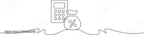 A simple line drawing of a calculator and a money bag with a percent sign on it, connected by a wavy line.