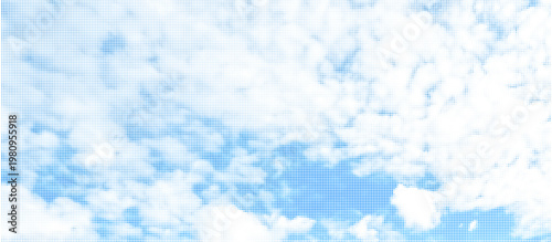 Halftone dot cloud pattern. Blue sky pixel texture vector background with copy space. 