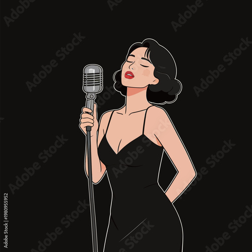 Retro Woman Singing with Vintage Microphone