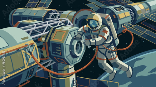 Astronaut Repairing Orbital Space Station in Outer Space Illustration