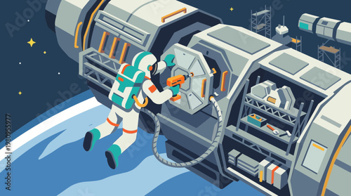 Astronaut Performing Repair on Space Station in Orbit Illustration