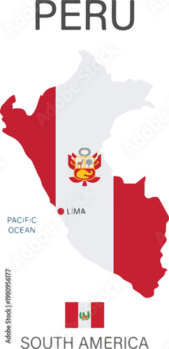 Map of Peru with its flag and capital city Lima, located in South America