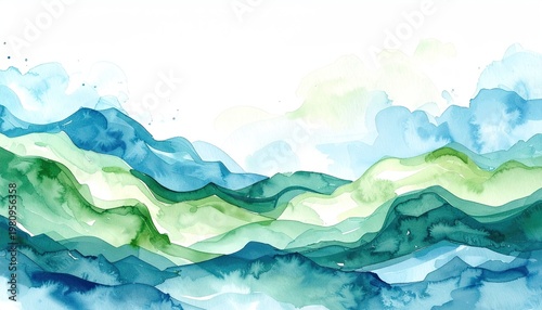 Abstract Watercolor Landscape with Rolling Hills in Shades of Blue and Green under a Bright Sky