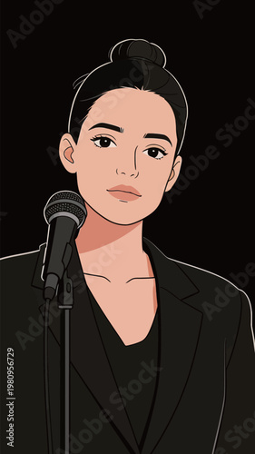 Illustration of a woman in black suit speaking into microphone