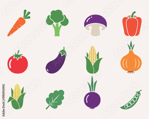 Colorful Vegetable Icons Flat Design Set on Minimal Background