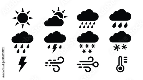 Minimalist weather icons collection featuring sun clouds rain lightning snow and wind symbols in bold black and white design perfect for forecasting and design projects