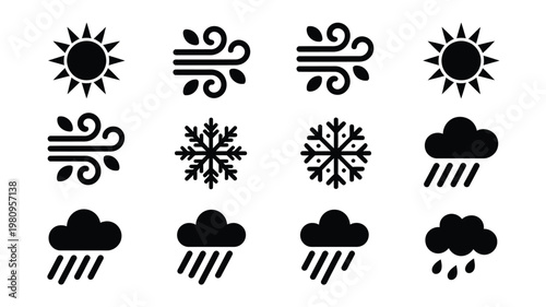 Minimalist weather icons depicting sun wind snow rain and clouds in a clean black and white design style for versatile use in digital applications