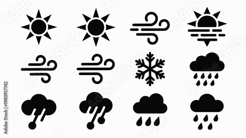 Minimalist black and white weather icons featuring sunny cloudy windy and rainy conditions for clean design
