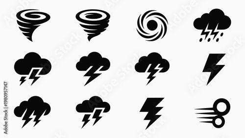 Black and white minimalist weather icons featuring tornadoes storm clouds lightning bolts and rain showers in a clean modern design style for versatile use