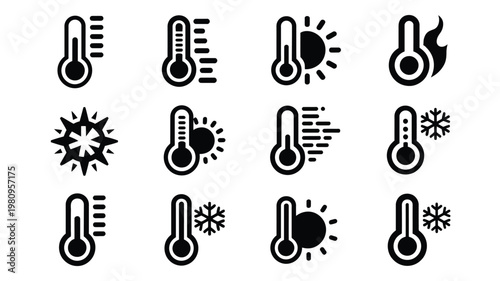 Black and white weather icons featuring thermometers with temperature sun snowflakes and wind for modern design