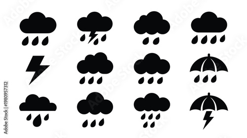 Black and white silhouette weather symbols including rain clouds lightning and umbrella icons for design and forecasting
