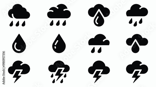 Black and white minimalist weather icons featuring clouds raindrops thunder and lightning symbols for modern design