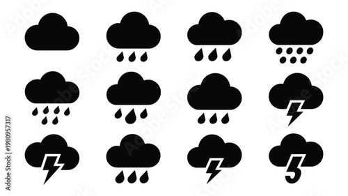 Set of minimalist weather icons featuring clouds raindrops and lightning bolts in black and white silhouette style