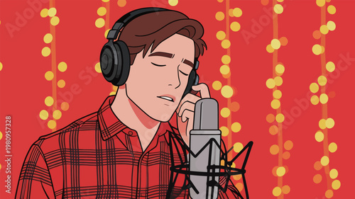 Male Singer with Headphones in Recording Studio