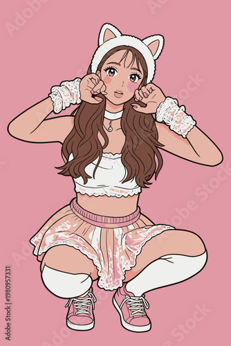 Cute Anime Girl in Kawaii Outfit with Cat Ears