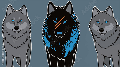 Three Stylized Wolves with Distinctive Features