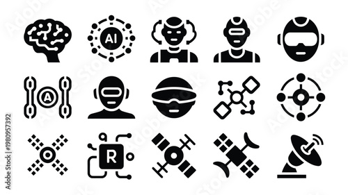 Collection of black and white technology icons including ai robotics satellites and abstract symbols for digital innovation