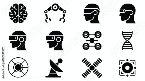 Black and white icons of brain vr headset dna drone radar barcode and technology related symbols for science and innovation