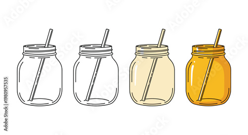 Set of Glass Mason Jars with Straws in Different Styles for Beverage, Drink, and Kitchen Design Projects
