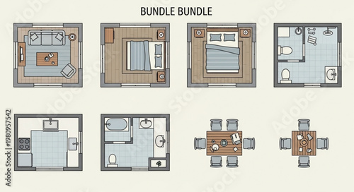 Various floor plan layouts for rooms and dining areas.