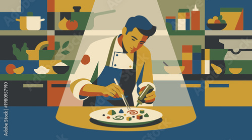 Male Chef Plating Gourmet Dish Kitchen Illustration