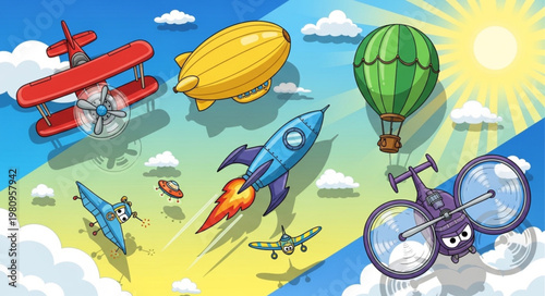 Various flying vehicles and modes of transport in the sky.