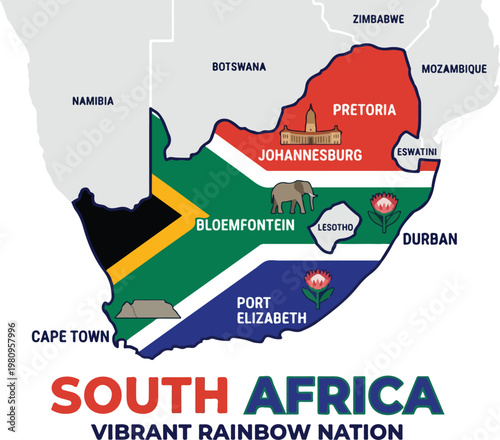 South Africa A Vibrant Rainbow Nation Map Highlighting Major Cities and Flag Colors
