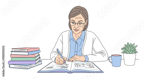 Woman writing in notebook with pen.