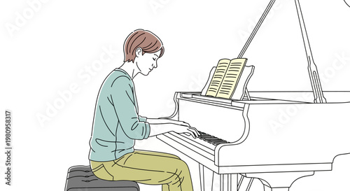 Young woman playing white grand piano.