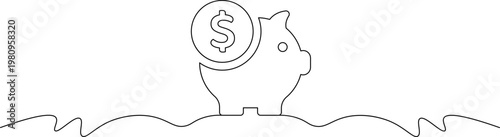 A minimalist line drawing of a piggy bank with a coin and dollar sign on a wavy surface