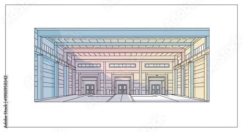 Colorful warehouse interior with garage doors.