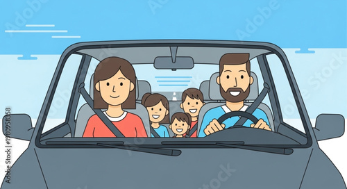 Happy family driving in a car on a sunny day.