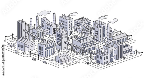 Industrial complex with many buildings.