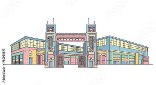 Colorful illustration of large building.