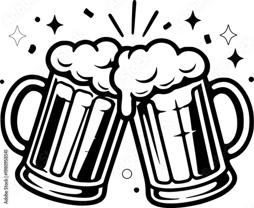 Beer mugs toasting silhouette vector design for celebration, party, cheers, pub, Oktoberfest and drink-themed banner packaging poster decoration hand drawn