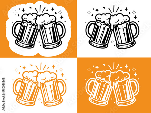 Beer mugs toasting silhouette vector design for celebration, party, cheers, pub, Oktoberfest and drink-themed banner packaging poster decoration hand drawn beer cheers stiker