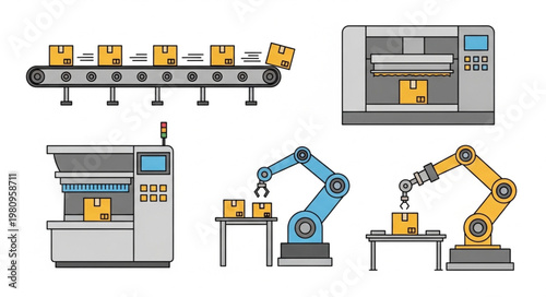 Automated factory production line with robotic arms and conveyor belt.