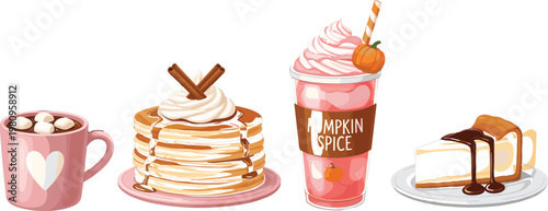 Set of Cozy Autumn Desserts and Drinks Including Pancakes, Hot Chocolate, Pumpkin Spice Latte, and Cheesecake for Food Design Projects