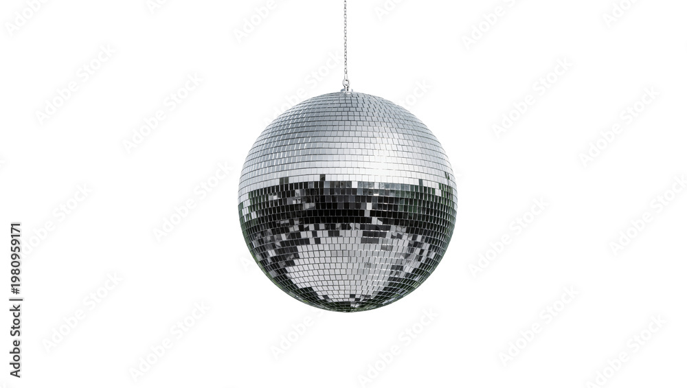 Obraz premium Isolated sparkling mirrored disco ball reflecting light for vibrant party atmosphere and nightlife