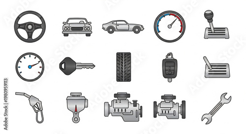 Collection of car parts and automotive icons.
