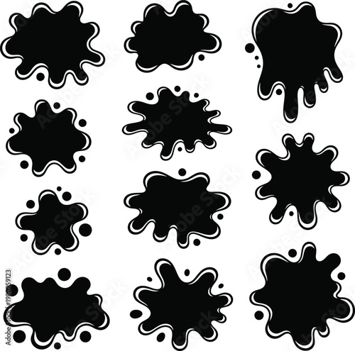 Black ink splatters and paint blobs graphic elements set