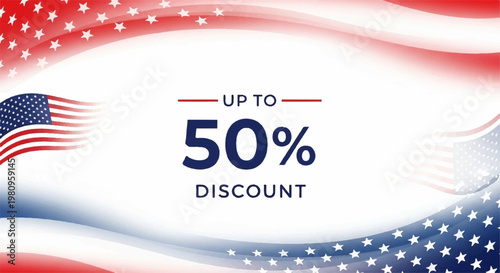 Memorial Day sale with up to 50 percent discount and flag border