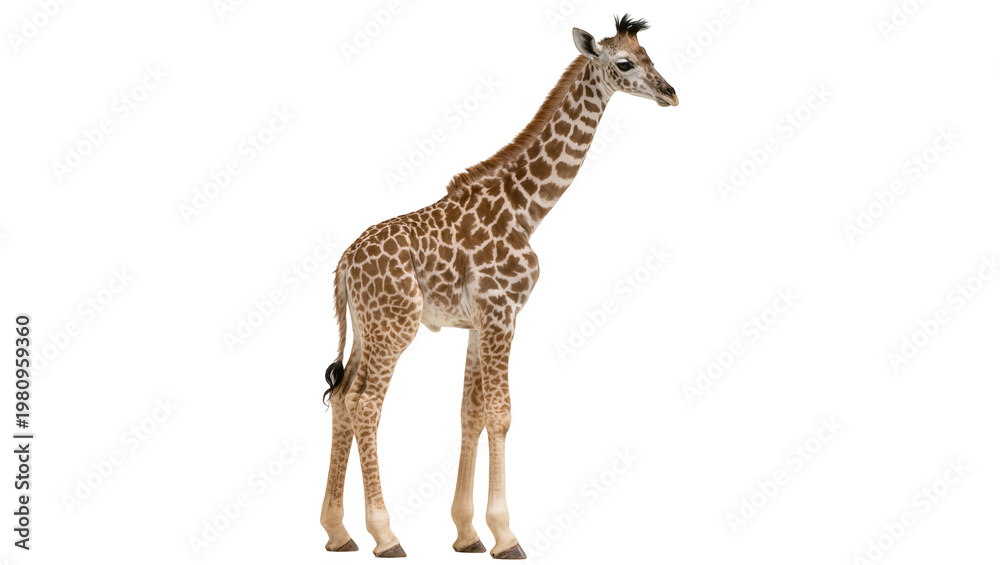 Obraz premium Isolated young giraffe calf standing in profile, a beautiful and curious wild African mammal.