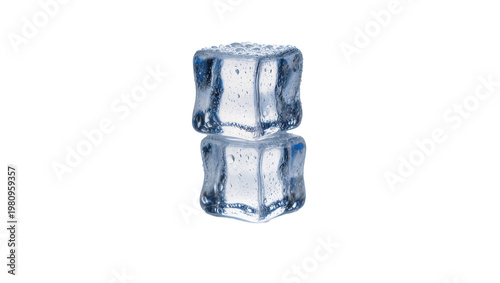 Fotografía Isolated stack of two realistic cold melting ice cubes with water drops and refl