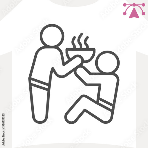 Two men with bowl of soup line icon, food assistance concept. Vector graphics. Kind helper and starving man sign and editable stroke, outline style icon for mobile or web design.