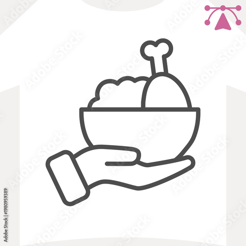 Plate of porridge in hand line icon, food assistance concept. Vector graphics. Porridge and chicken dish sign and editable stroke, outline style icon for mobile or web design.