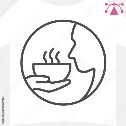 Plate of soup in hand and person face line icon, food assistance concept. Vector graphics. Hot soup and starving man sign and editable stroke, outline style icon for mobile or web design.